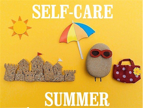 "Self Care Summer" yellow background with a beach motif on it.